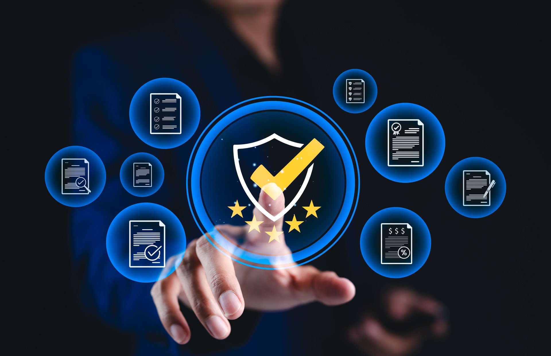 Quality Assurance and Certification Compliance Concept. Businessman interact with security shield and checkmark, symbol quality assurance, certificate, compliance standard control, audit, approval,