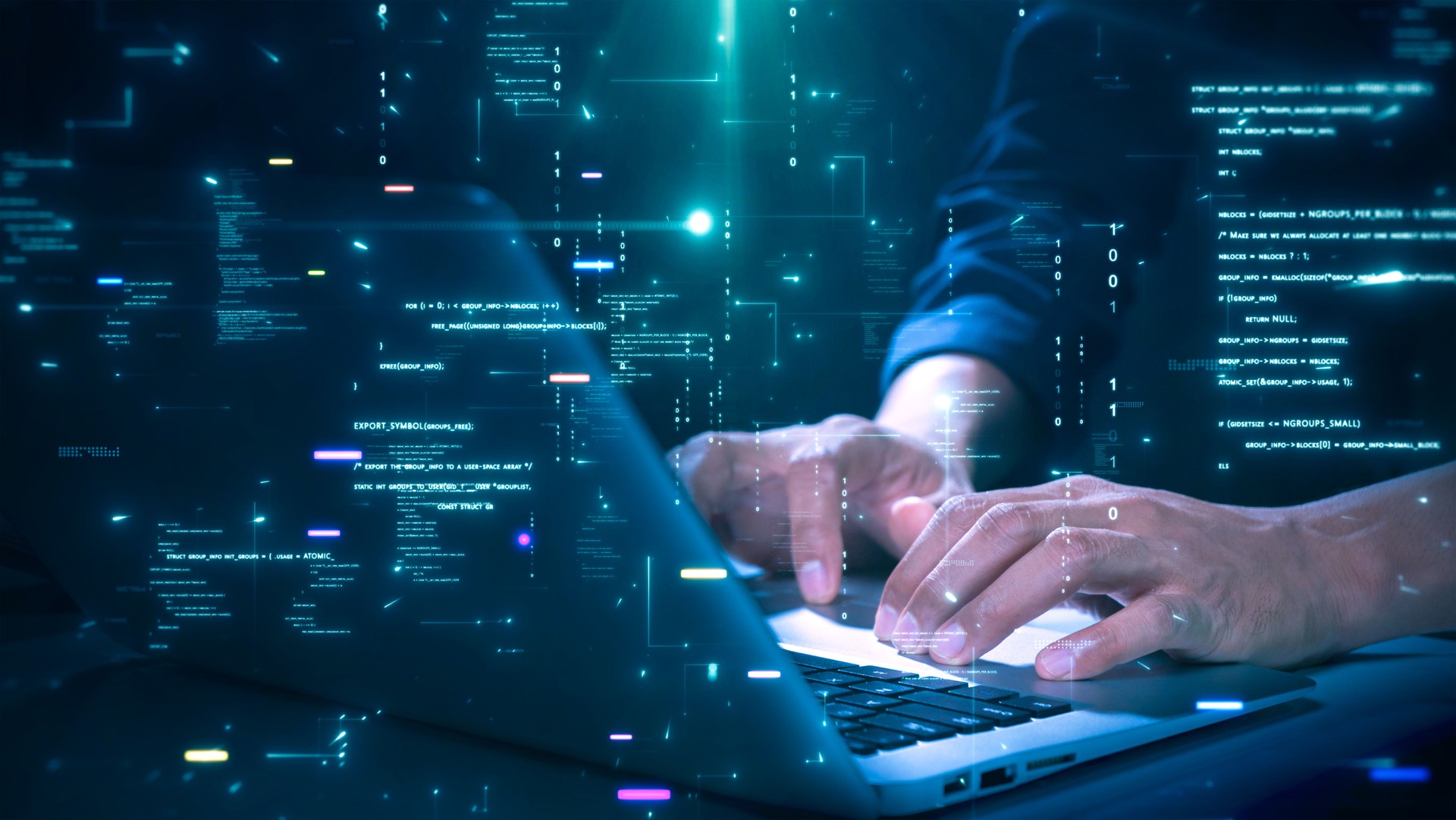 Close-up of hands typing on a laptop with glowing programming code and binary graphics, symbolizing cybersecurity technology coding or software development. Close-up of hands typing on a laptop with glowing programming code and binary graphics, symbolizing cybersecurity technology coding or software development.